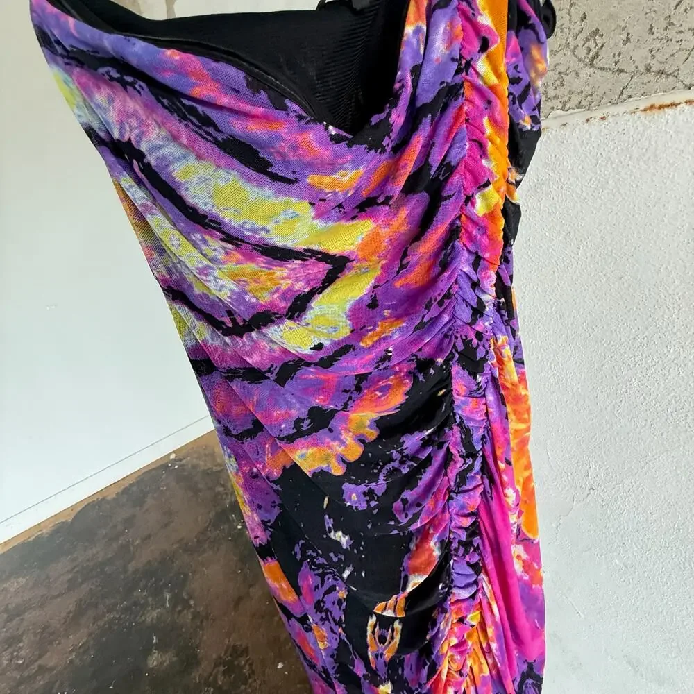 Rampage Dress One Shoulder Ruched Cocktail Mini Tie Dye Multicolor Y2K Party - Picture 7 of 7